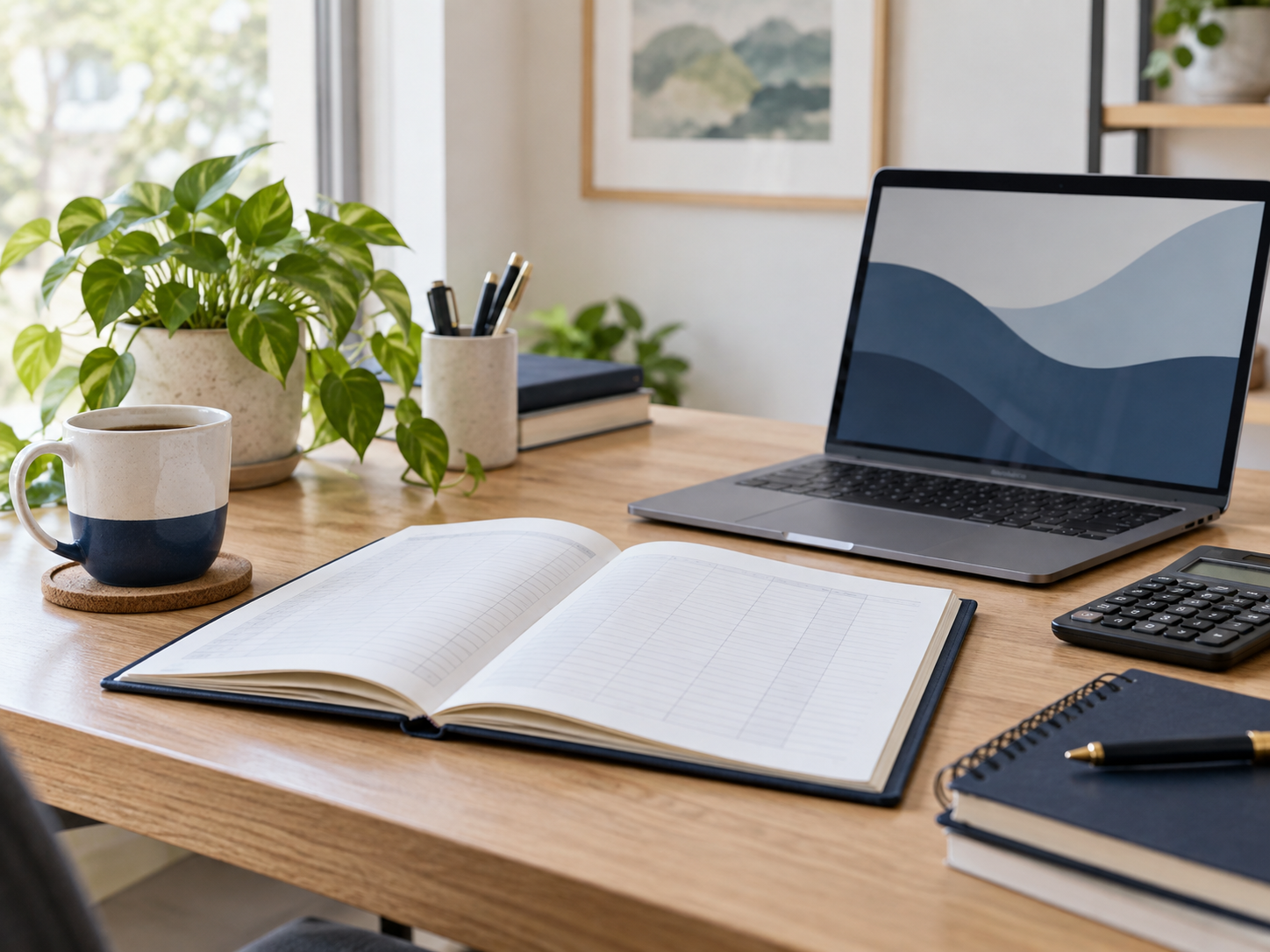 An organized desk with a laptop and bookkeeping notes